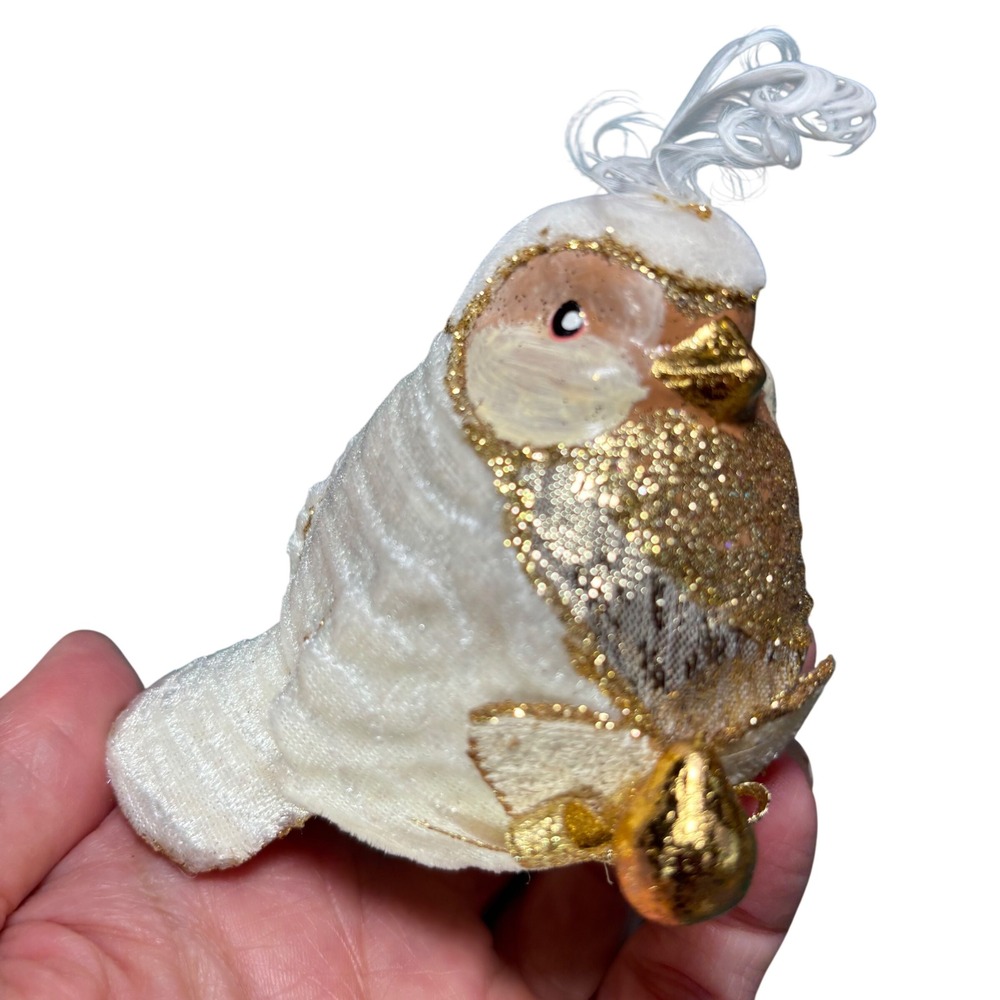 Bird Ornament‎ White Gold Glitter Velvet Fabric Feather Clip On Christmas Decor
